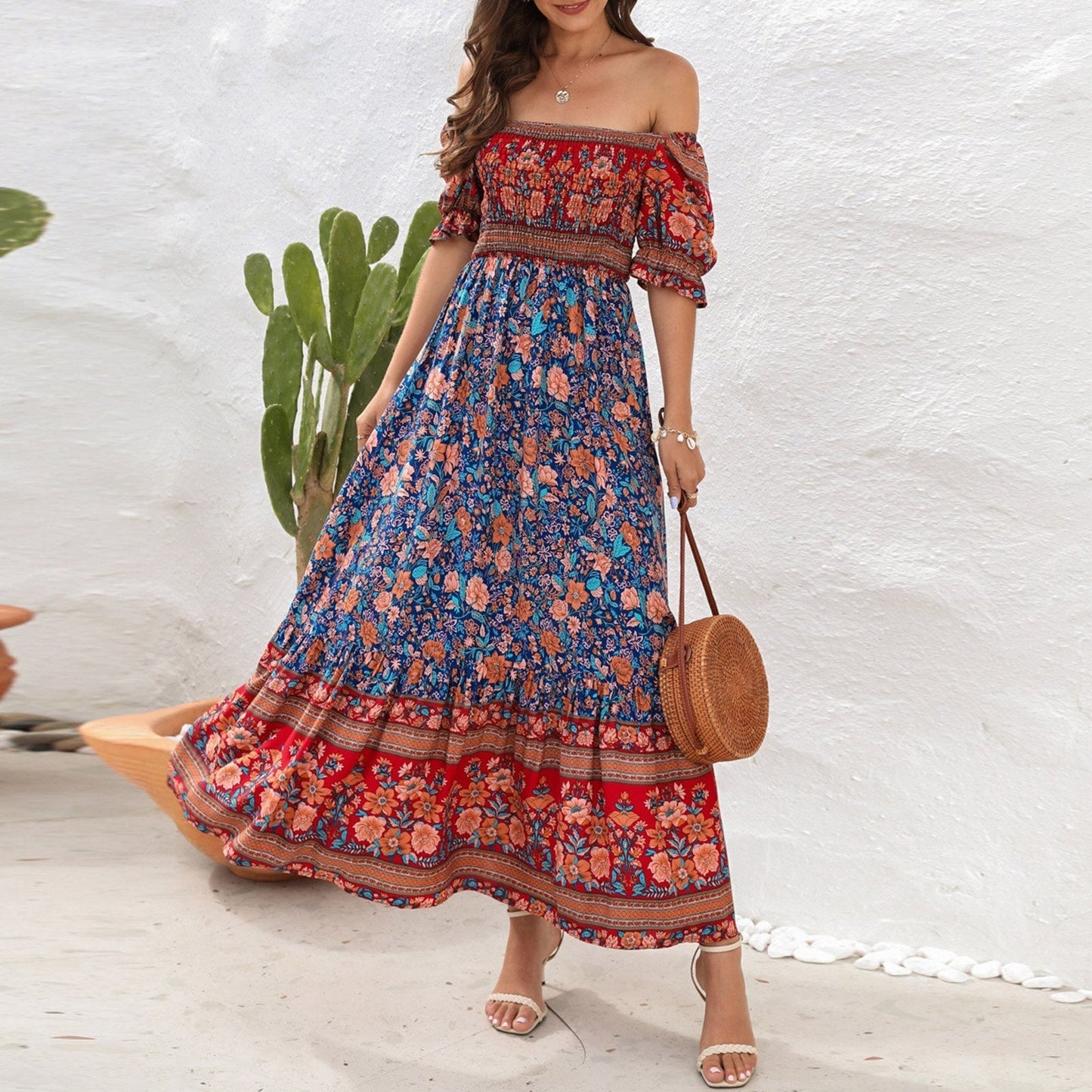 JuliaFashion - 2024 Square Collar Floral Maxi Dress