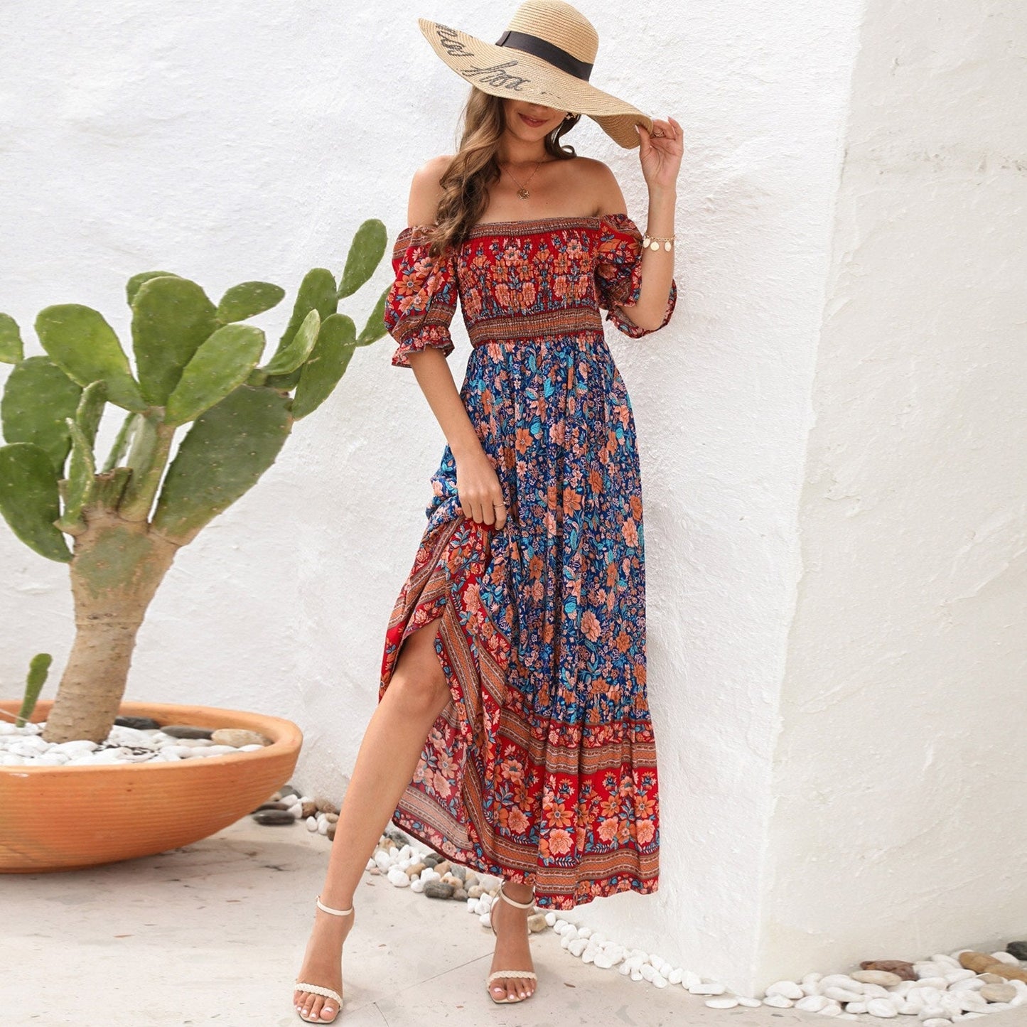 JuliaFashion - 2024 Square Collar Floral Maxi Dress