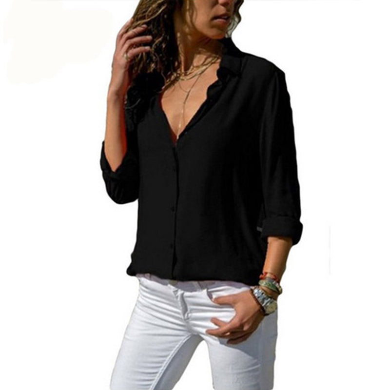 JuliaFashion-Elegant Long Sleeve Oversized Solid V-Neck Chiffon Blouse
