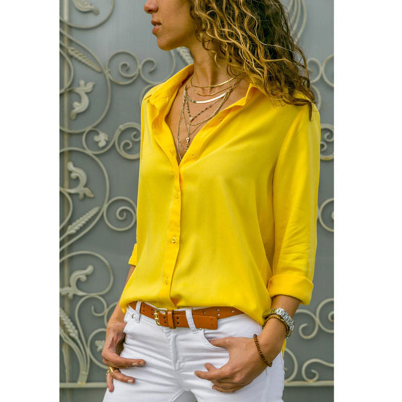 JuliaFashion-Elegant Long Sleeve Oversized Solid V-Neck Chiffon Blouse