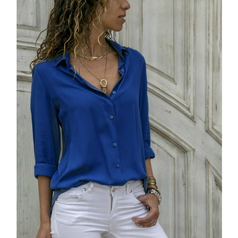 JuliaFashion-Elegant Long Sleeve Oversized Solid V-Neck Chiffon Blouse