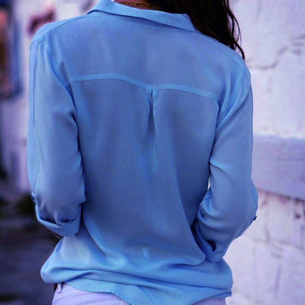 JuliaFashion-Elegant Long Sleeve Oversized Solid V-Neck Chiffon Blouse