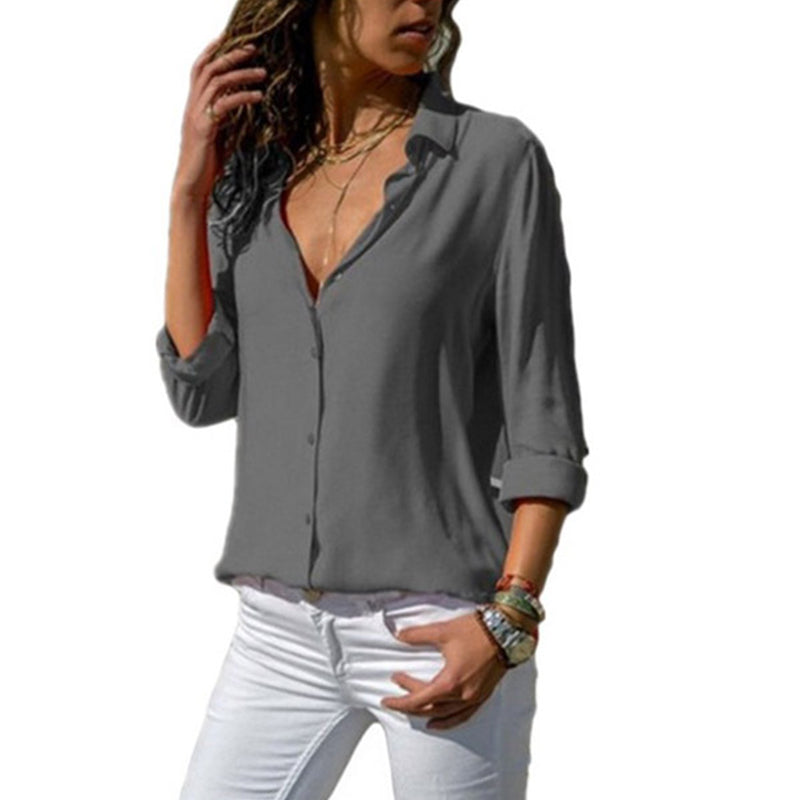 JuliaFashion-Elegant Long Sleeve Oversized Solid V-Neck Chiffon Blouse