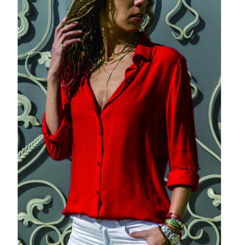 JuliaFashion-Elegant Long Sleeve Oversized Solid V-Neck Chiffon Blouse
