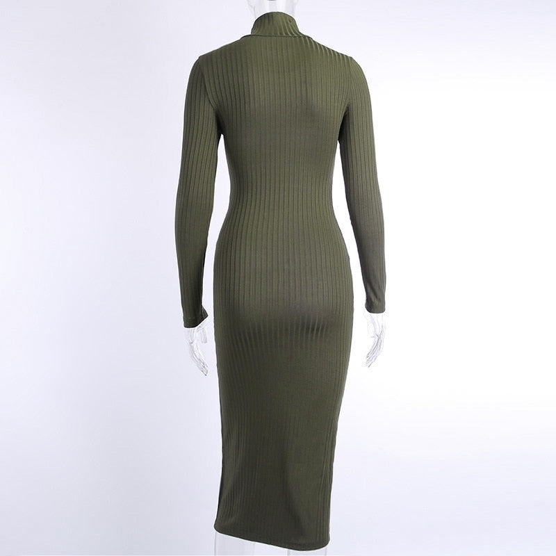 JuliaFashion - 2024 Sexy Side Slit Slim Knit Bodycon Mid-Calf Dresses