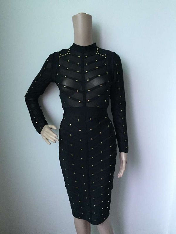 JuliaFashion-Knee Length Mesh Rivets Bodycon See Through Elastic Dress