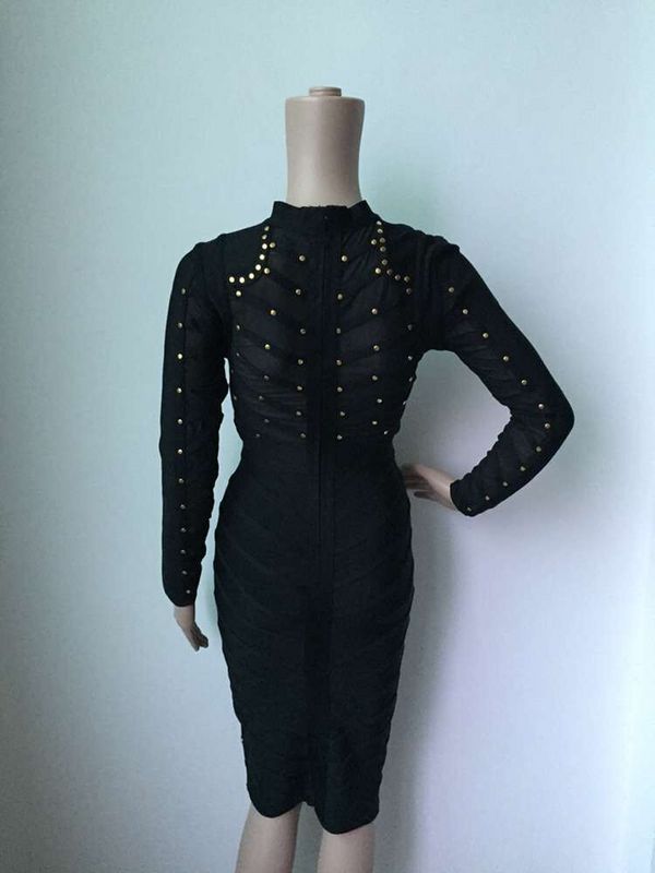 JuliaFashion-Knee Length Mesh Rivets Bodycon See Through Elastic Dress