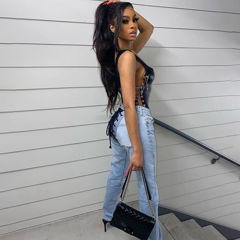 JuliaFashion - 2024 Street Fashion Fitness Trousers Hip Bandage Lace Up Vintage Pants