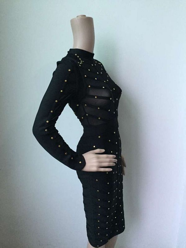 JuliaFashion-Knee Length Mesh Rivets Bodycon See Through Elastic Dress