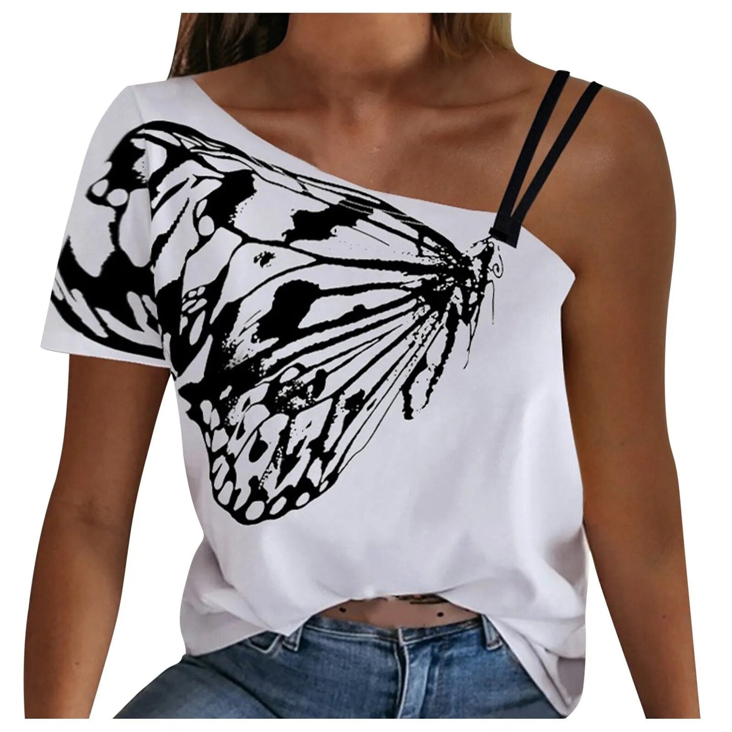 JuliaFashion-Butterfly Print One-Shoulder Tee