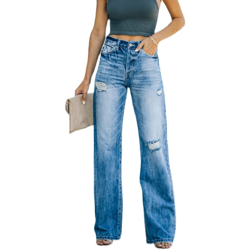 JuliaFashion-High Waist Slim Jeans Flared Street Wide Leg Wash Pants