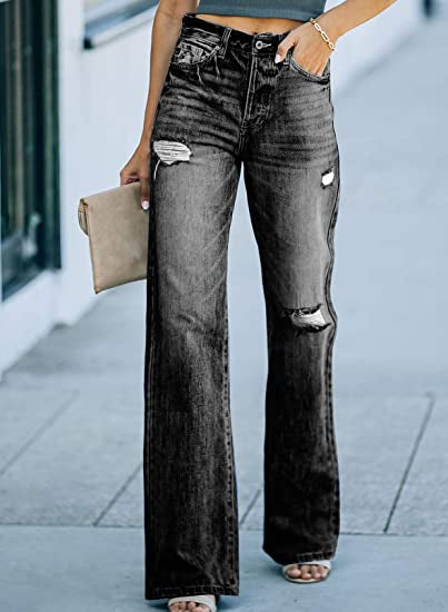 JuliaFashion-High Waist Slim Jeans Flared Street Wide Leg Wash Pants