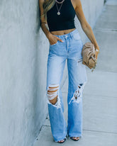 JuliaFashion - 2024 Women High Waist Jeans Flared Pants Street Wide Leg Pants