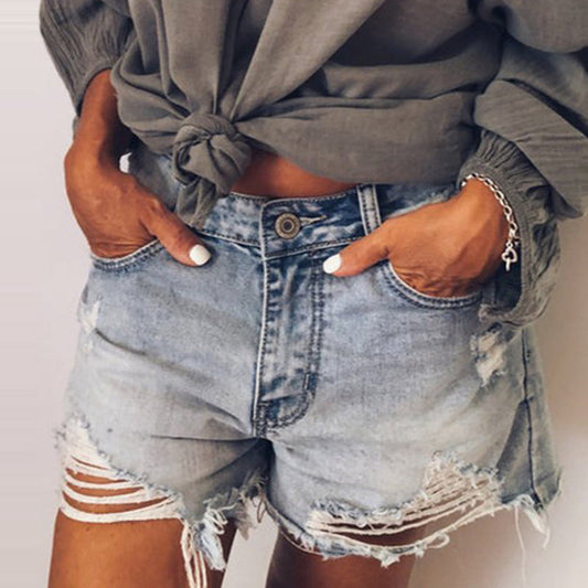 JuliaFashion - JuliaFashion-High Waist Denim Shorts Oversize Tassel Washed Retro Loose Jeans