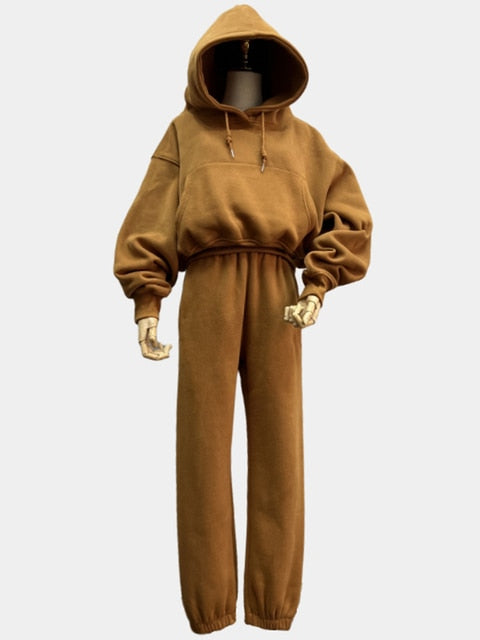 JuliaFashion - 2024Solid Casual Tracksuit Fleece 2 Pieces Set