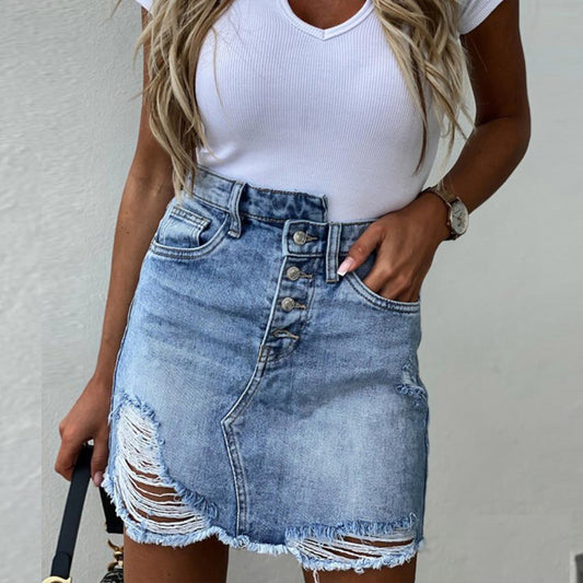 JuliaFashion - 2024 Women High Waist Denim Pocket Hole Button Retro Short Jeans Skirt