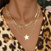 JuliaFashion-Multi-Layered Gold Star Pendant Necklace