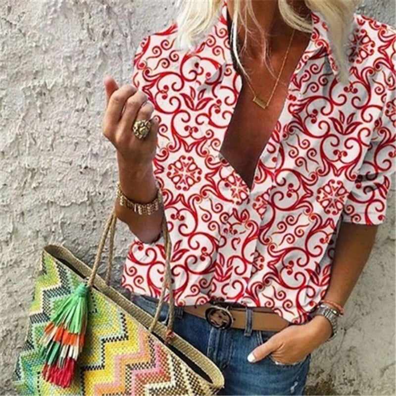 JuliaFashion - 2024 Women Casual Long Sleeve Geometric Patterns Loose Shirts