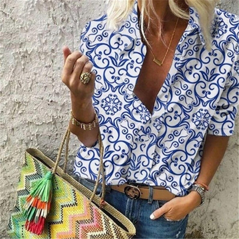 JuliaFashion - 2024 Women Casual Long Sleeve Geometric Patterns Loose Shirts