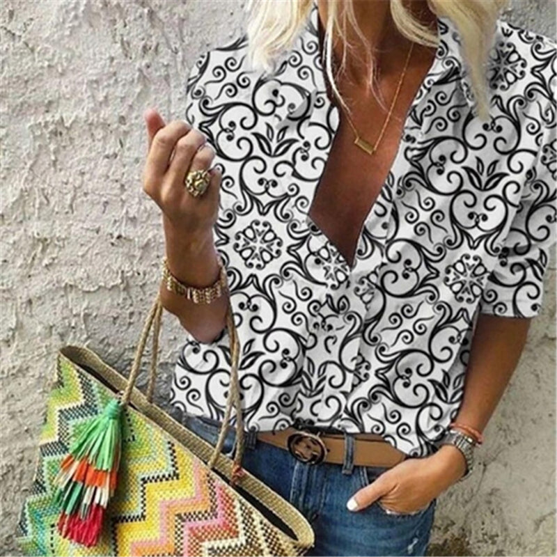JuliaFashion - 2024 Women Casual Long Sleeve Geometric Patterns Loose Shirts