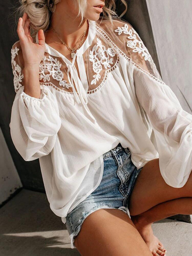 JuliaFashion - 2024 Women Embroidery Patchwork Casual Long Sleeve Chiffon Blouse