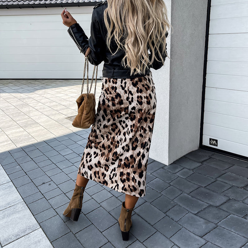 JuliaFashion - 2024 Women Front Knot Leopard Print High Waist Split Slim Skirt
