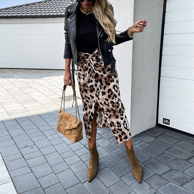JuliaFashion - 2024 Women Front Knot Leopard Print High Waist Split Slim Skirt