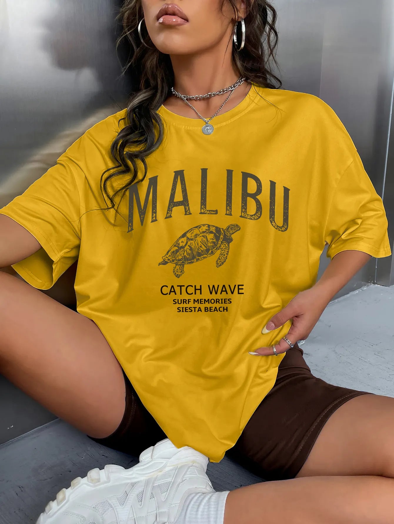 JuliaFashion-Malibu Catch Wave Sea Turtle Printed Womans Tee Clothing Vintage Casual Crewneck Tops Fashion Personality Street Female T-Shirts