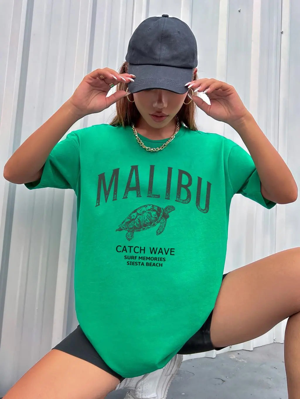 JuliaFashion-Malibu Catch Wave Sea Turtle Printed Womans Tee Clothing Vintage Casual Crewneck Tops Fashion Personality Street Female T-Shirts