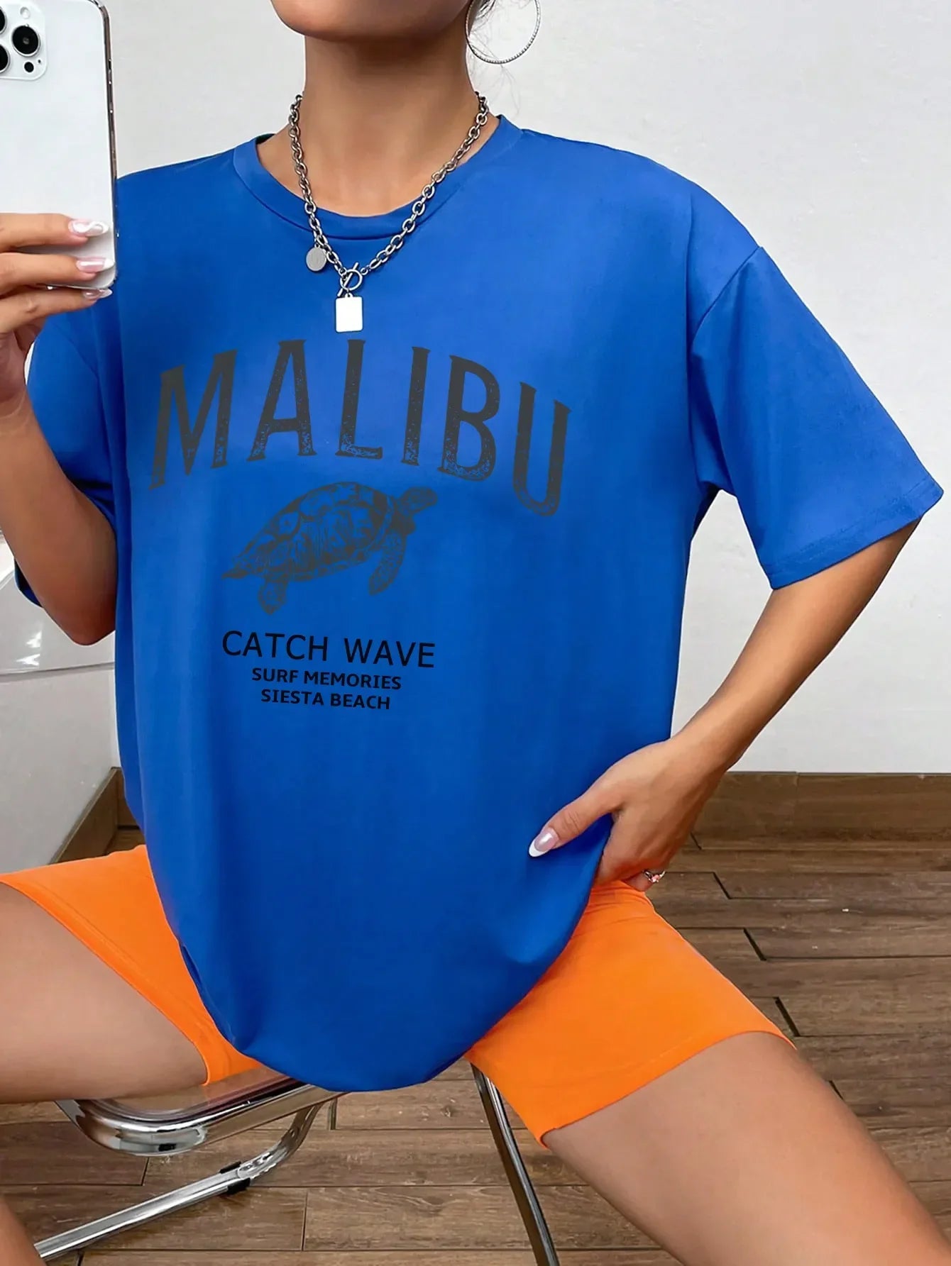 JuliaFashion-Malibu Catch Wave Sea Turtle Printed Womans Tee Clothing Vintage Casual Crewneck Tops Fashion Personality Street Female T-Shirts