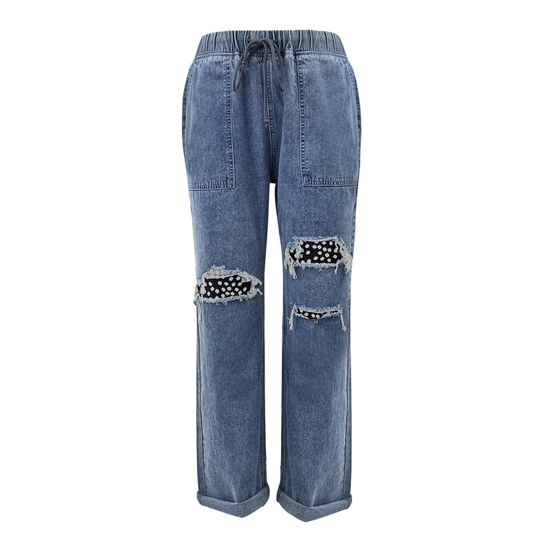 JuliaFashion-Mid-waist Jeans Women's Blue Stretch Patch Harem Pants