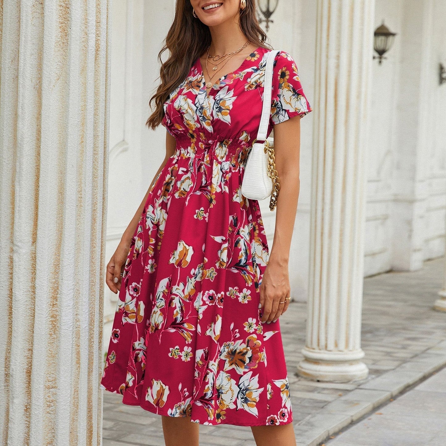 JuliaFashion-Floral Printed Elastic Waist Midi Dress
