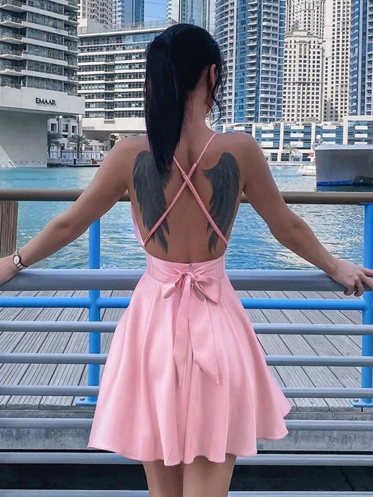 JuliaFashion - 2024 Sexy Backless Satin Spaghetti Strap Mini Dress