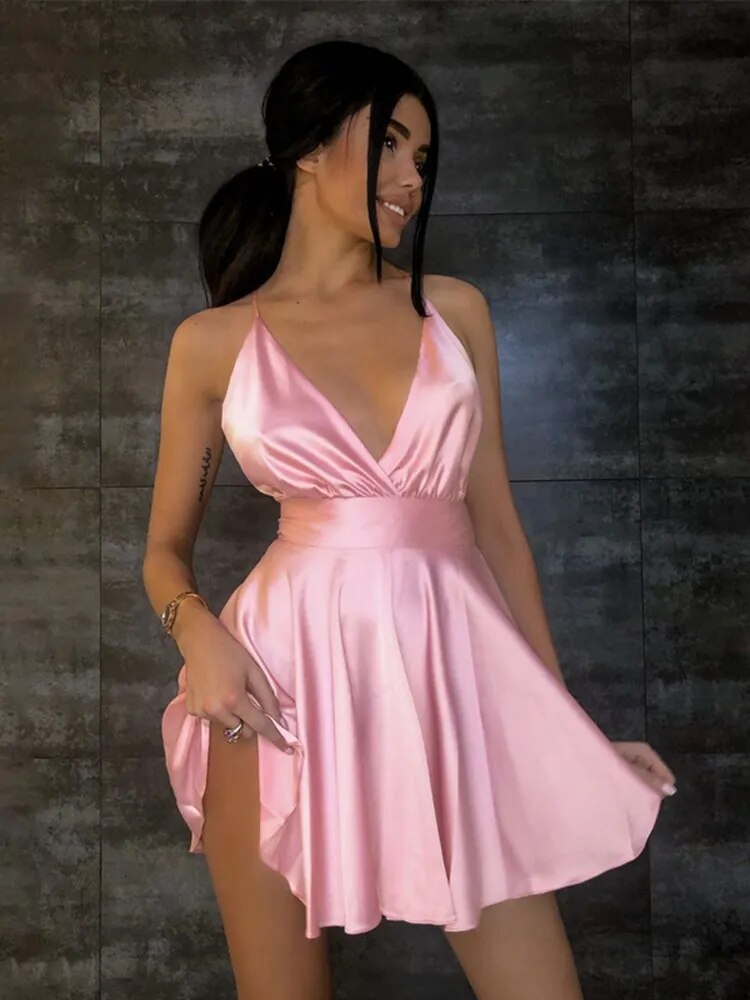 JuliaFashion - 2024 Sexy Backless Satin Spaghetti Strap Mini Dress