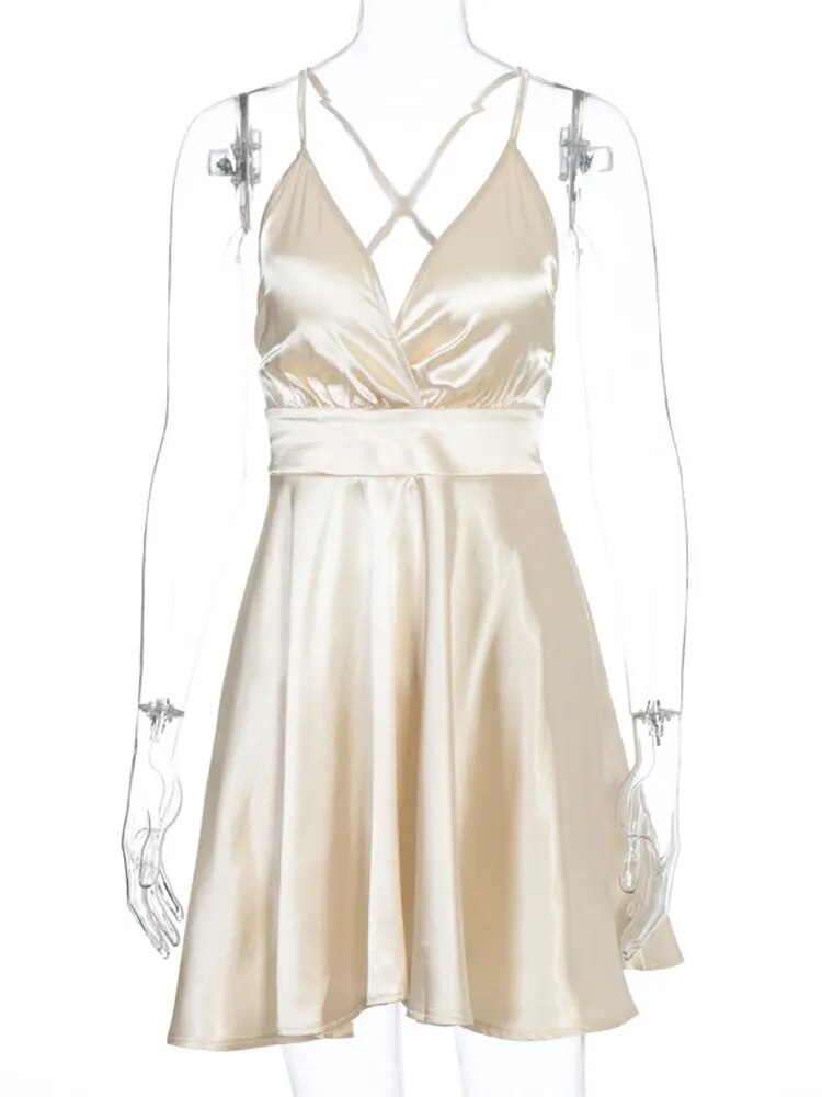 JuliaFashion - 2024 Sexy Backless Satin Spaghetti Strap Mini Dress