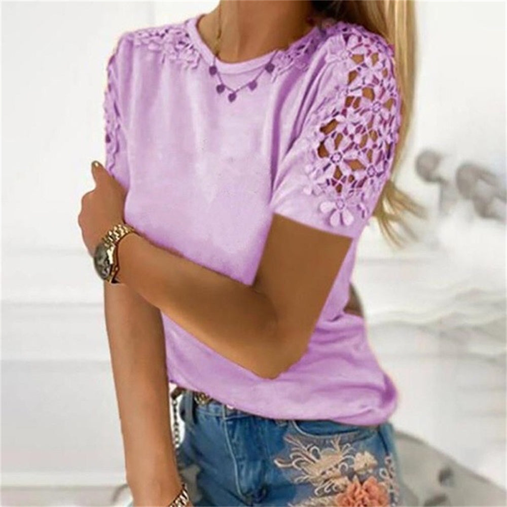 JuliaFashion - 2024 Women Short Sleeve Lace Patchwork Loose Sexy O-Neck T Shirt