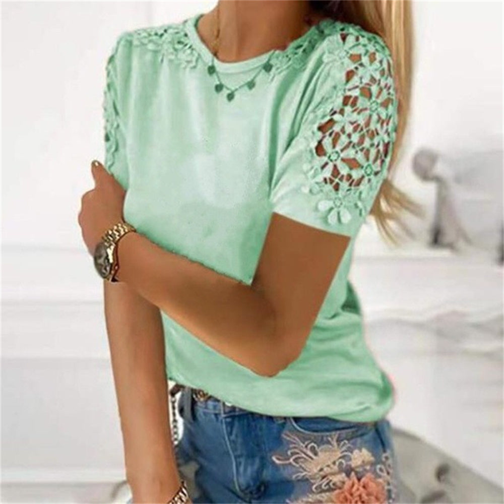JuliaFashion - 2024 Women Short Sleeve Lace Patchwork Loose Sexy O-Neck T Shirt