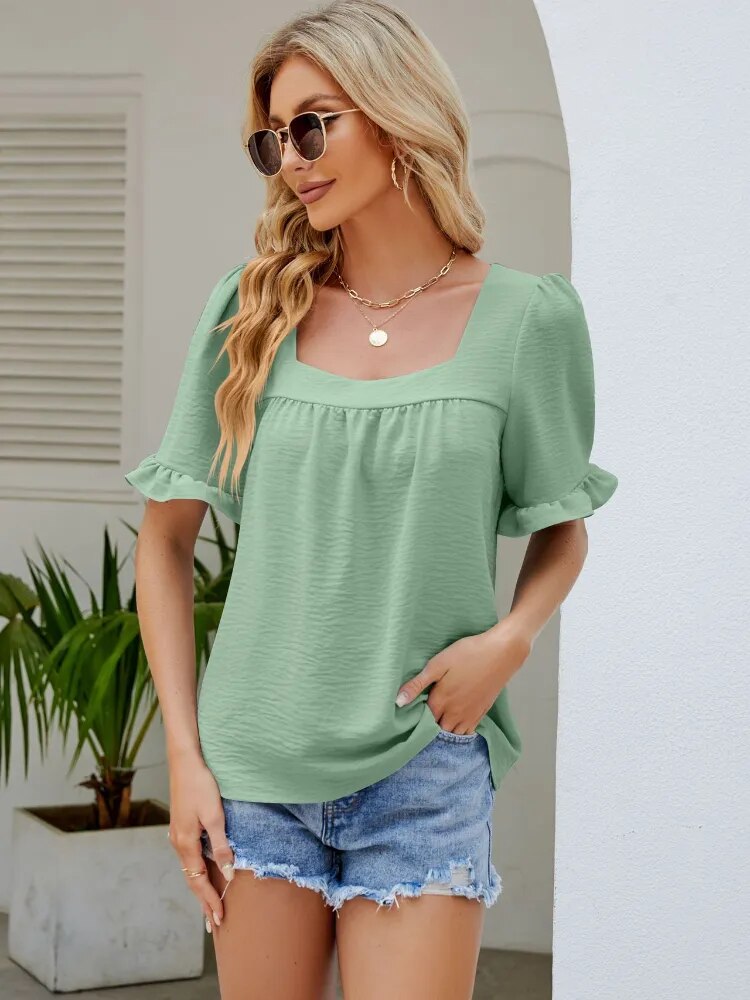 JuliaFashion - 2024 Square Collar Pleated Sleeve Tee