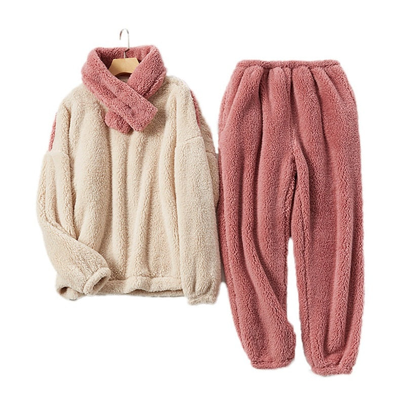 JuliaFashion - 2024 Solid Long Sleeve Winter Fluffy Pijama Suit
