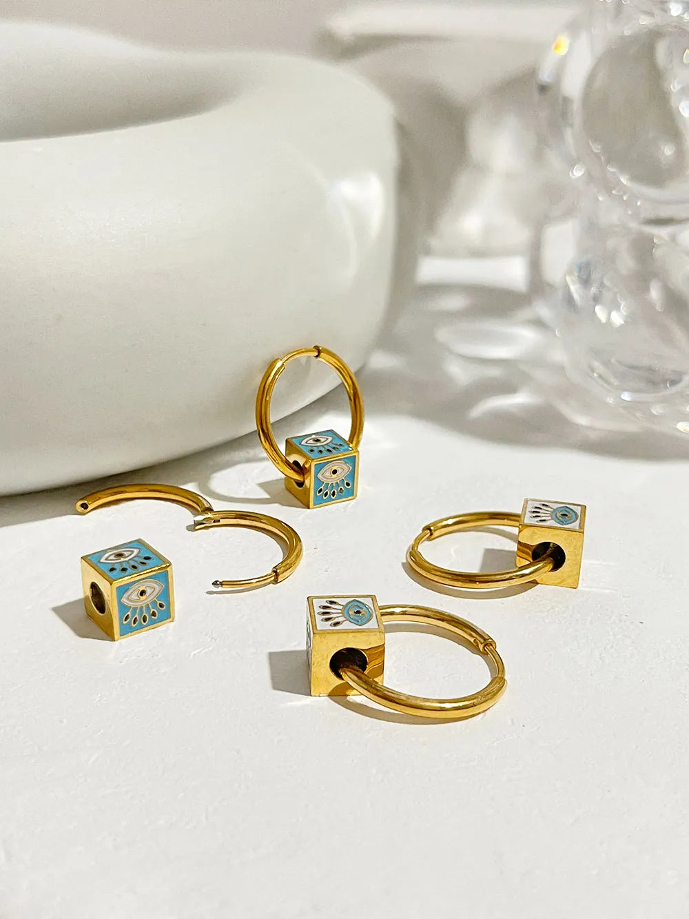 JuliaFashion-Multicolor Enamel Evil Eye Huggie Earrings
