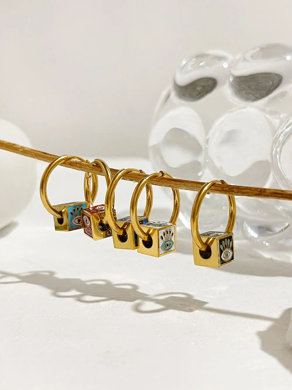 JuliaFashion-Multicolor Enamel Evil Eye Huggie Earrings