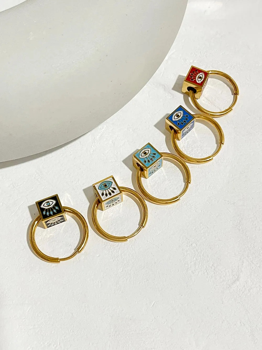 JuliaFashion-Multicolor Enamel Evil Eye Huggie Earrings