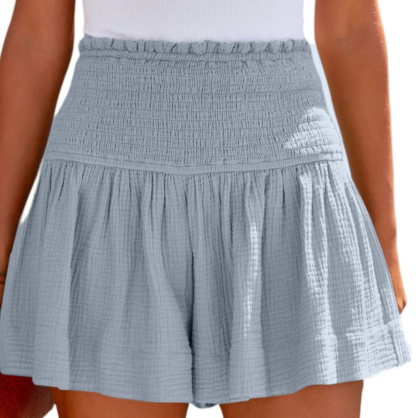 JuliaFashion-Elastic Waist Cotton Pleated Ruffle Shorts