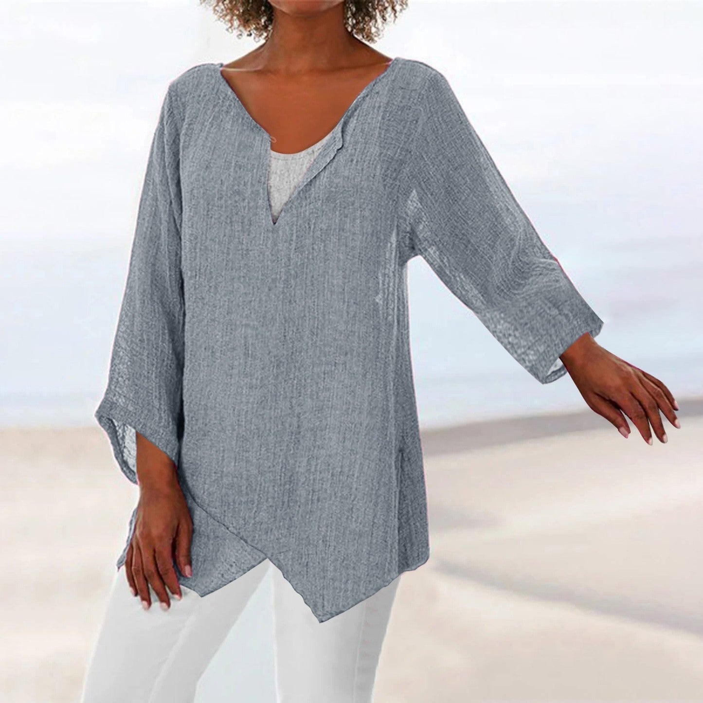 JuliaFashion - 2024 Women's V-Neck Long Sleeve Tunic Shirts Loose Casual T Shirt