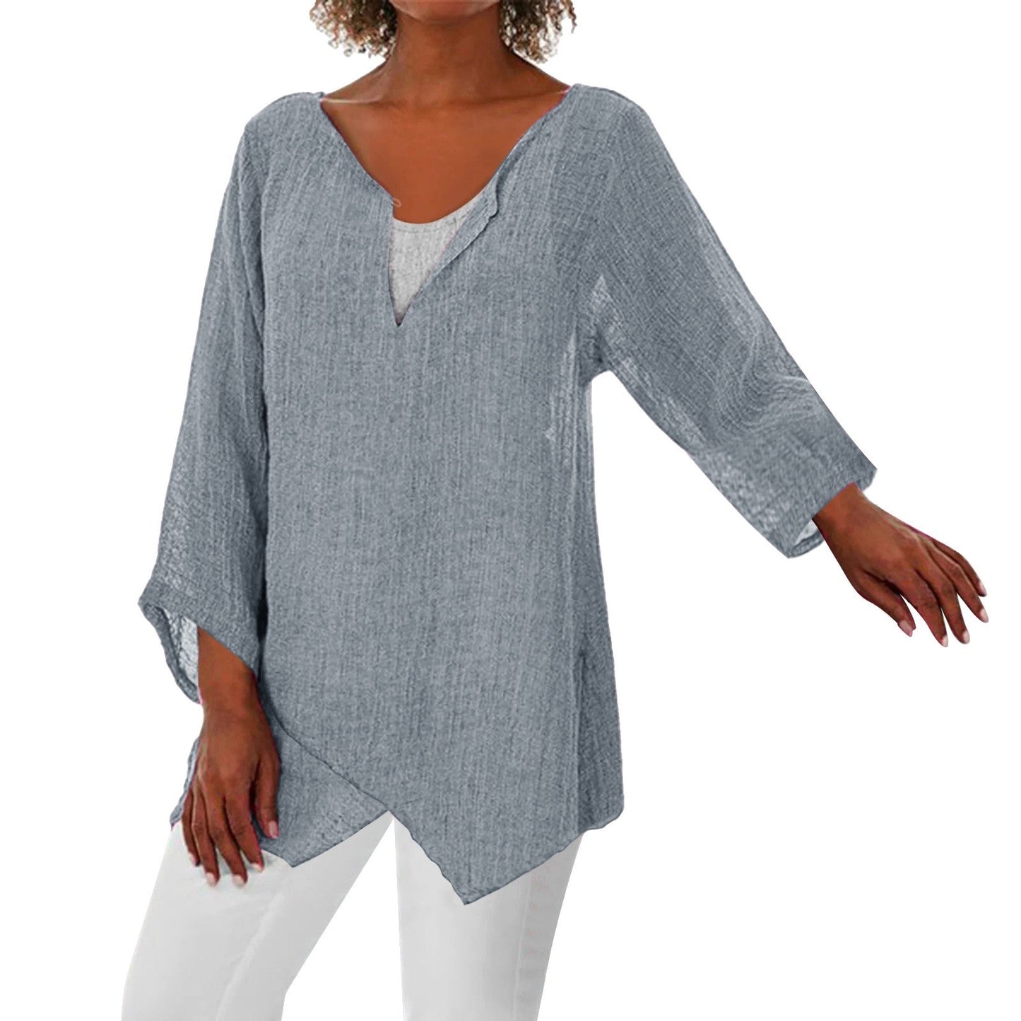 JuliaFashion - 2024 Women's V-Neck Long Sleeve Tunic Shirts Loose Casual T Shirt