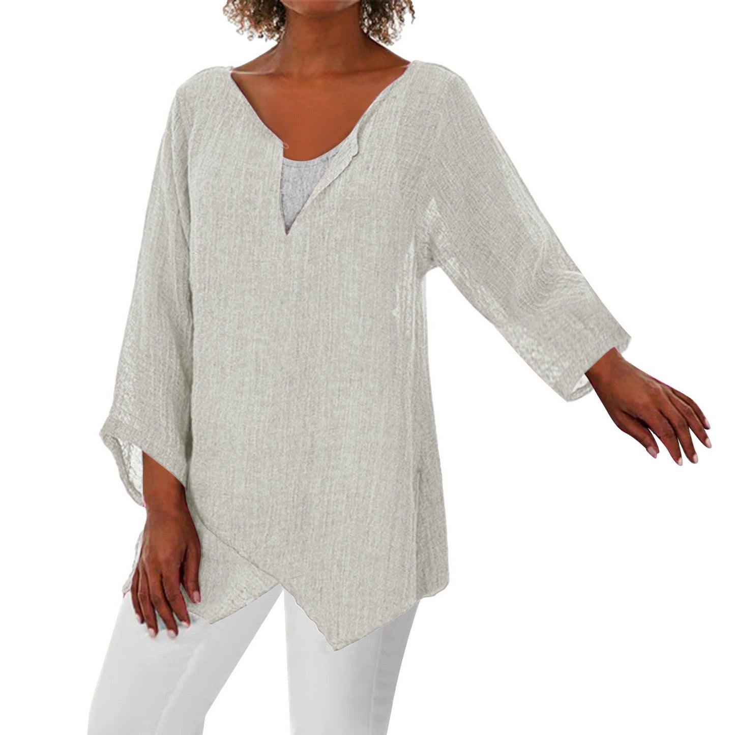 JuliaFashion - 2024 Women's V-Neck Long Sleeve Tunic Shirts Loose Casual T Shirt