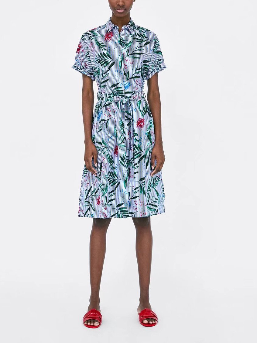 JuliaFashion - 2024 Pretty In Stripes Leafy Print Button Down Skater Dress