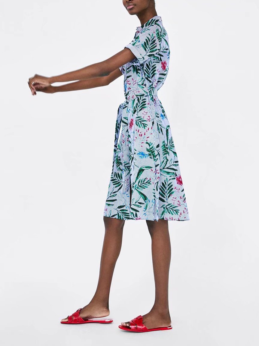 JuliaFashion - 2024 Pretty In Stripes Leafy Print Button Down Skater Dress