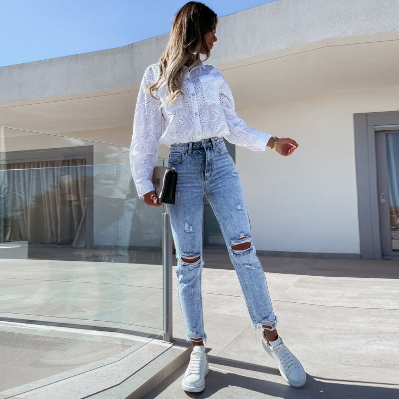 JuliaFashion - 2024 Women High Waist Retro Skinny Blue Denim Trousers