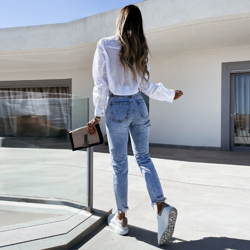 JuliaFashion - 2024 Women High Waist Retro Skinny Blue Denim Trousers
